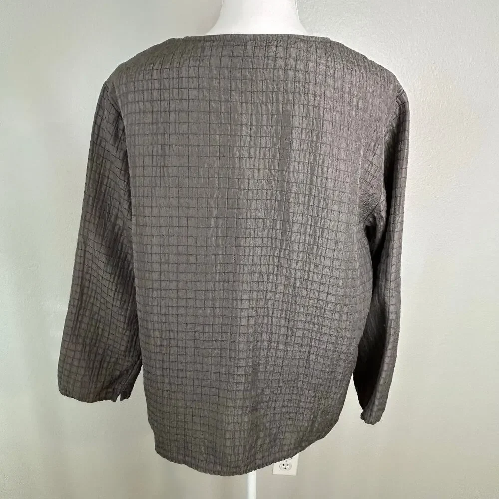 Eileen Fisher stitched Mandarin frog closure silk linen top jacket 3/4 sleeve L